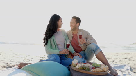 love, picnic and wine with couple at beach