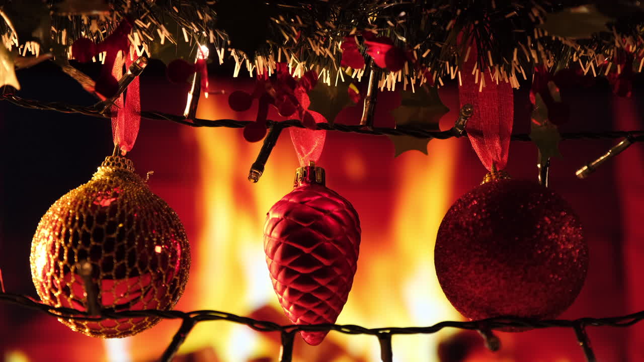 bolas de decoración navideña, guirnaldas y luces frente a la chimenea en casa