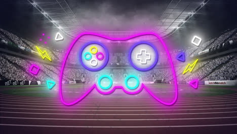 Animation-of-neon-gaming-pad-over-stadium