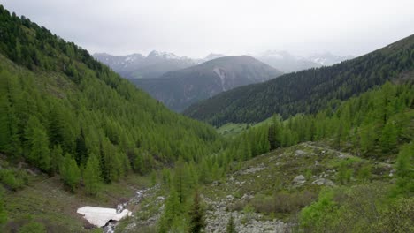 Imágenes-Aéreas-De-Drones-Que-Se-Elevan-Lentamente-Y-Se-Inclinan-Hacia-Abajo-Para-Revelar-Un-Paisaje-Montañoso-Boscoso-Con-Laderas-Cubiertas-De-Alerces-Y-Abetos-Con-Parches-De-Nieve-En-Suiza