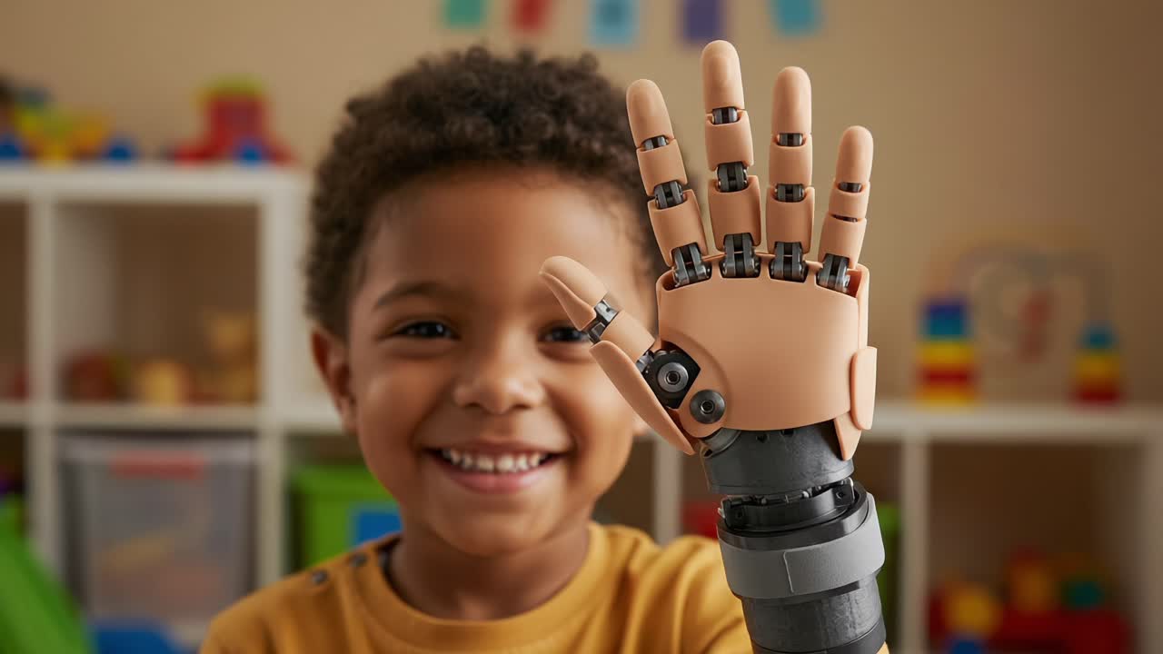 A joyful child showcases an advanced robotic prosthetic hand, demonstrating the intersection of technology and human resilience in a vibrant indoor environment