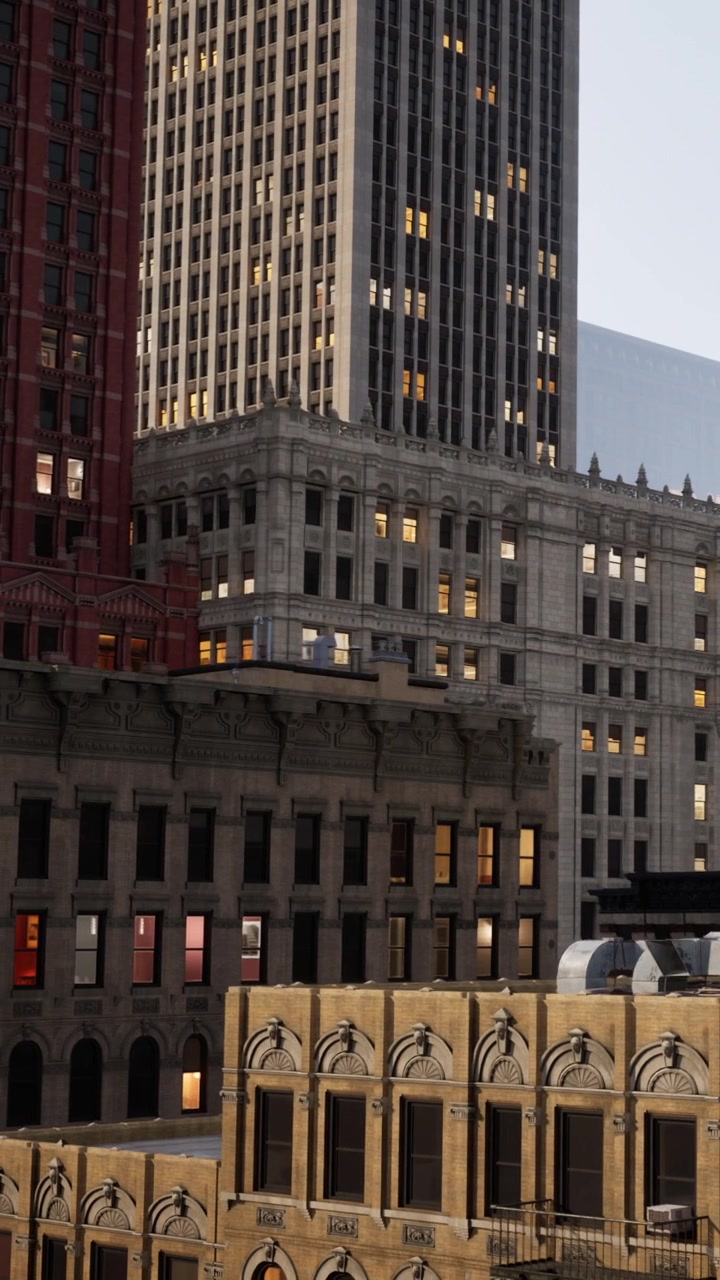 Architettura urbana nello skyline di una città con luci nelle finestre al crepuscolo