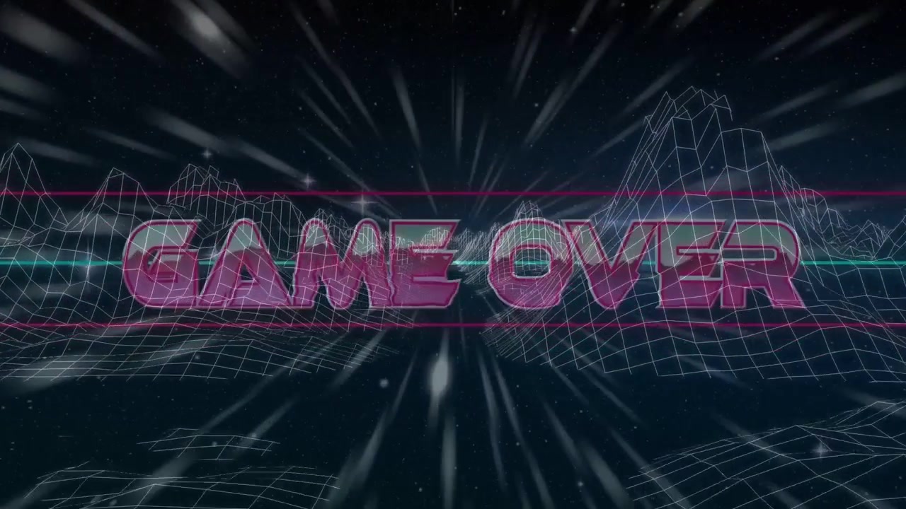 GAME OVER text entering top-left, rotating to center while neon rails sweeping, signaling game end