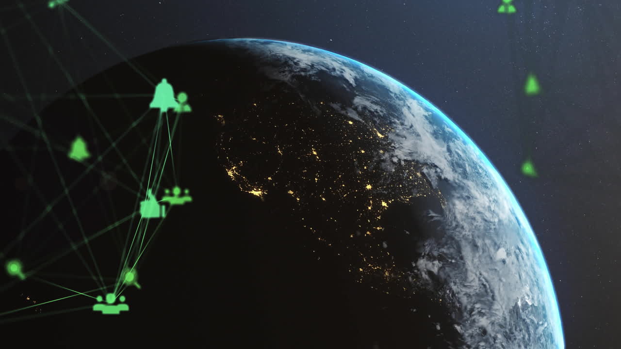 Earth from space with network connections and data processing animation overlay