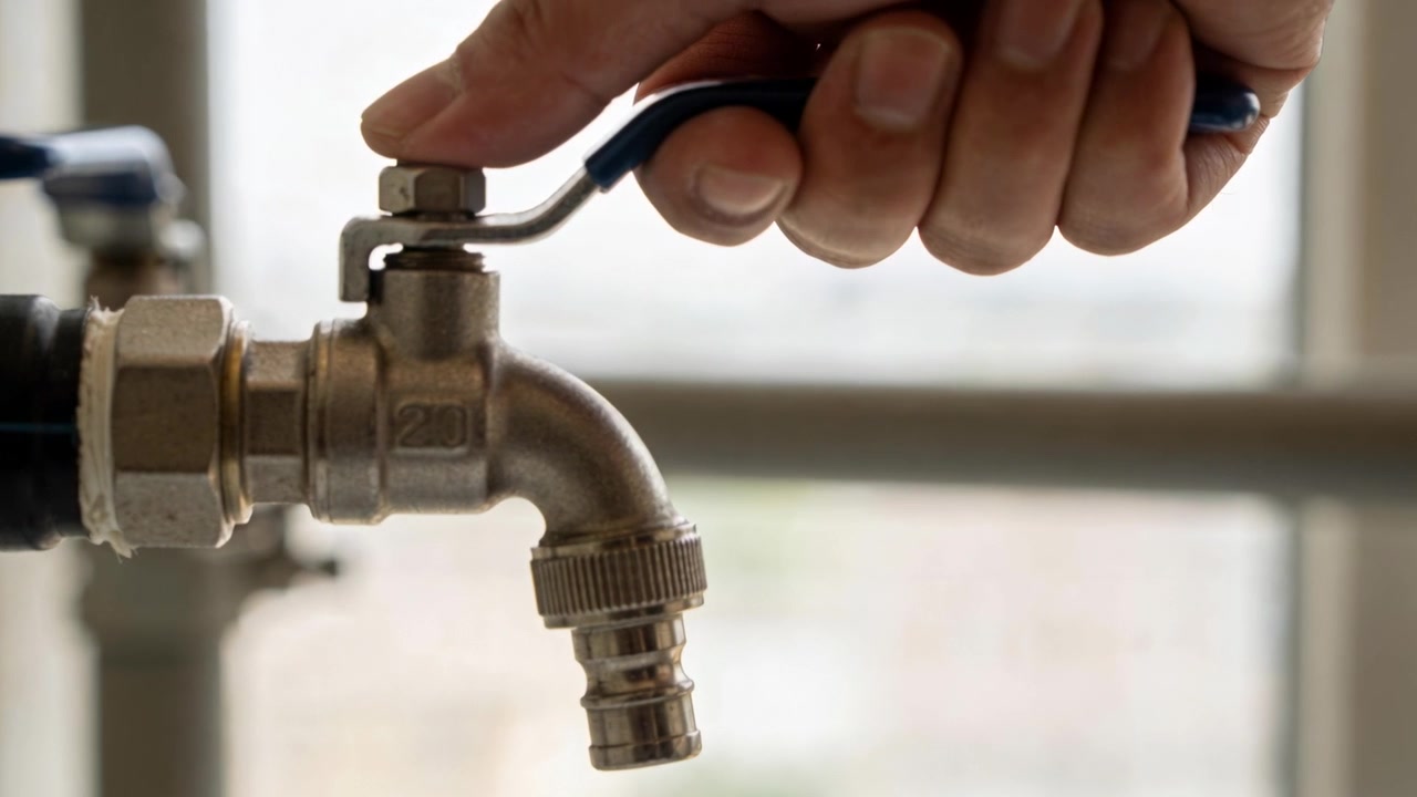 Pressing, right hand turning blue-lever valve, rotating lever down by window, adjusting flow