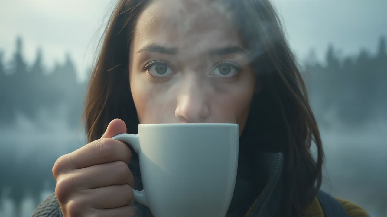 Holding white mug at mouth, woman wearing sweater, backpack facing cold by misty lake, steam rising