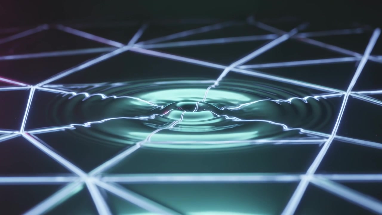 Falling droplet after release striking mirror surface at studio, forming ripples warping neon grid