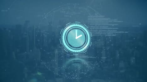 animation of clock moving fast, data and statistics processing over cityscape