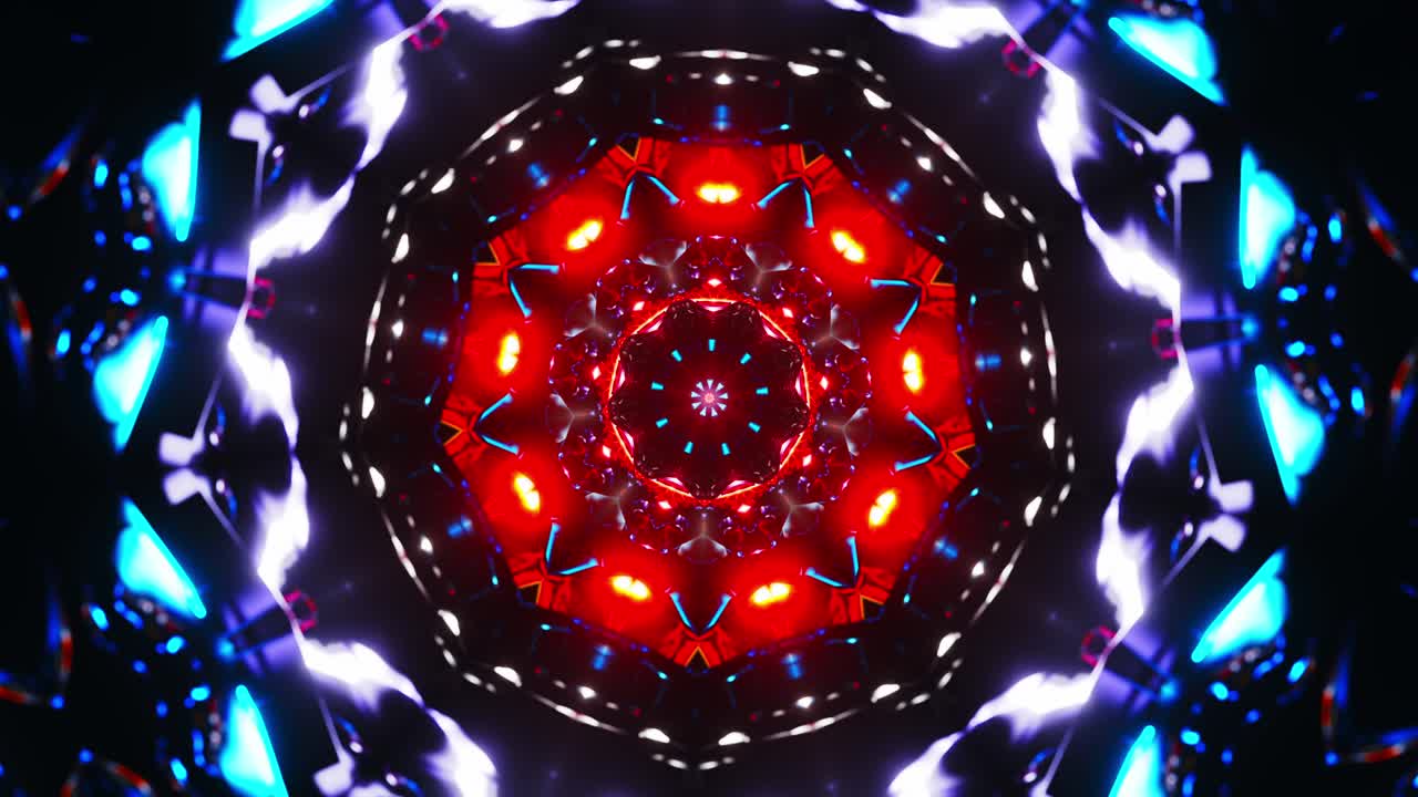 patrón circular rojo y azul con luces. ciclo de caleidoscopio vj