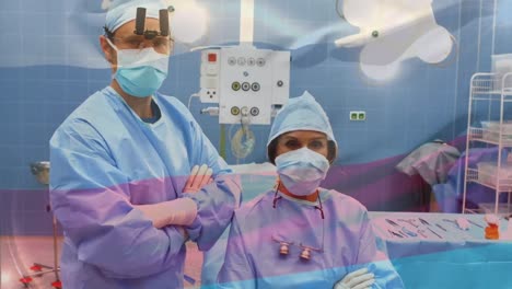 animation of flag of russia waving over surgeons in operating theatre