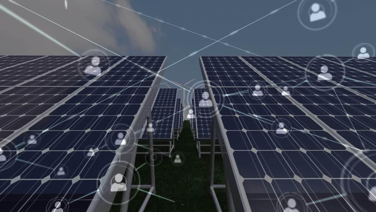Animation of network of connections with icons over solar panels