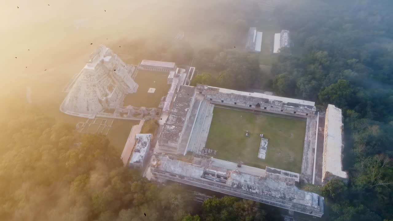 Vista aerea con drone delle rovine Maya di Palenque, con antiche piramidi e templi circondati dalla giungla tropicale nel Messico meridionale
