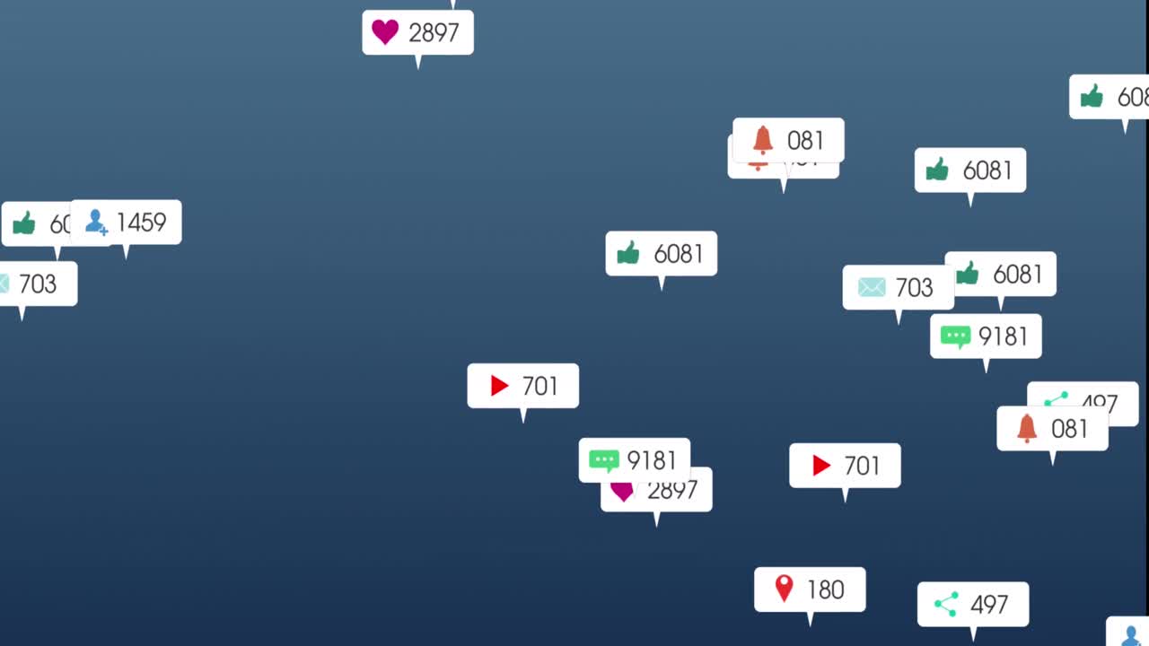 파란색 배경에 메시지 상자에서 변하는 숫자와 아이콘의 애니메이션