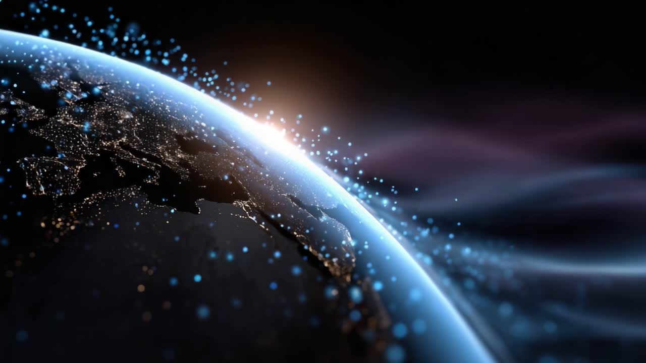 A Stunning Perspective of Earth Glowing with Lights in a Cosmic Landscape, Capturing the Beauty of Our Planet from Space, Surrounded by Starlit Atmosphere