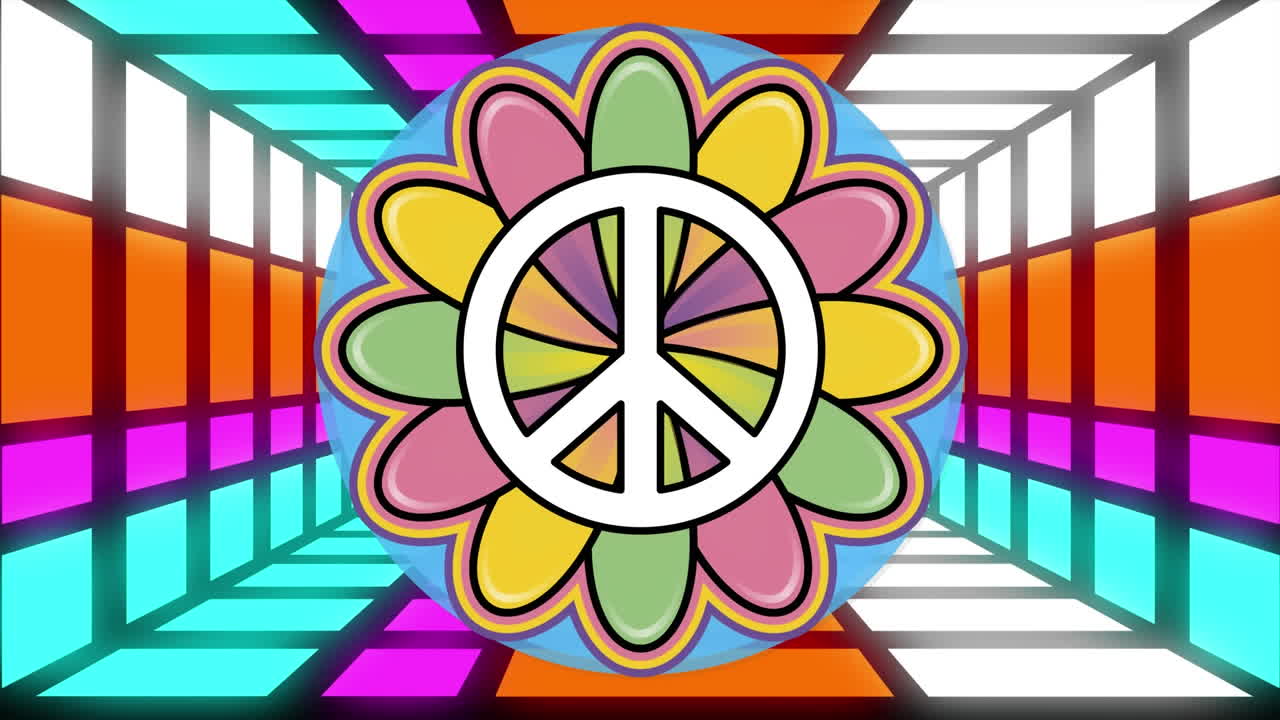 animación de signo de paz y flor colorida sobre túnel de luces rojas, azules y blancas