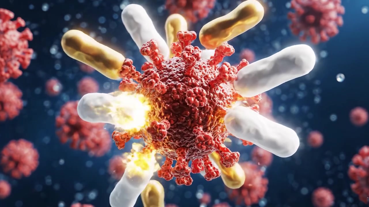 Visualizzazione Dettagliata della Struttura del Virus: Esame Ravvicinato della Morfologia Virale con Proteine di Superficie e Particelle Circostanti in un Ambiente Microscopico.