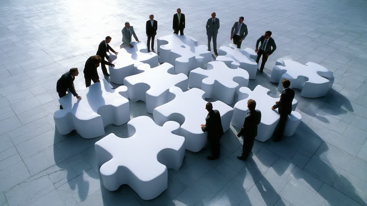 A Collaborative Puzzle Solving Session: Business Professionals Strategically Arranging Oversized Puzzle Pieces in a Modern Indoor Space to Promote Teamwork and Innovation