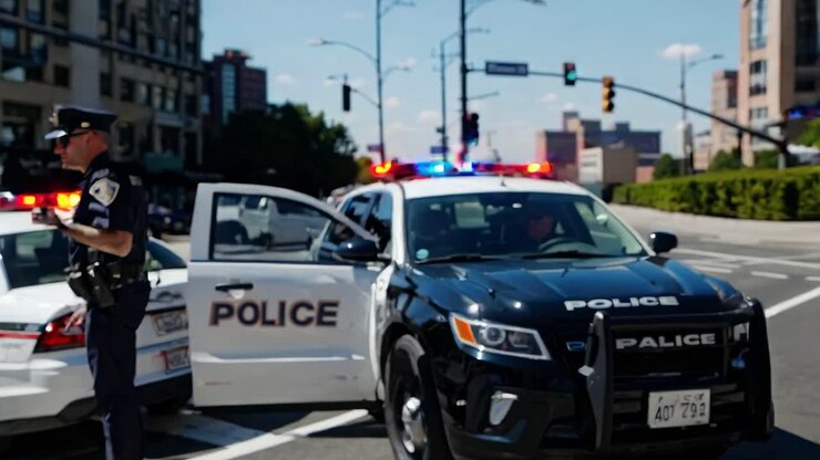 Uma filmagem de rua captura policiais perto de carros de patrulha em um ambiente urbano