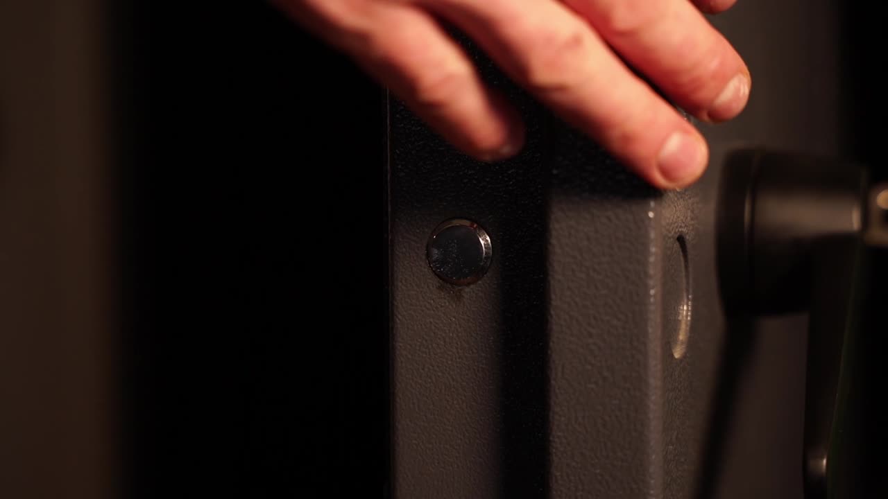 A hunter unlocks his secure gun cabinet, ensuring firearm safety, inspecting weapons, and preparing for the next hunt with proper gear, ammunition, and maintenance tools.