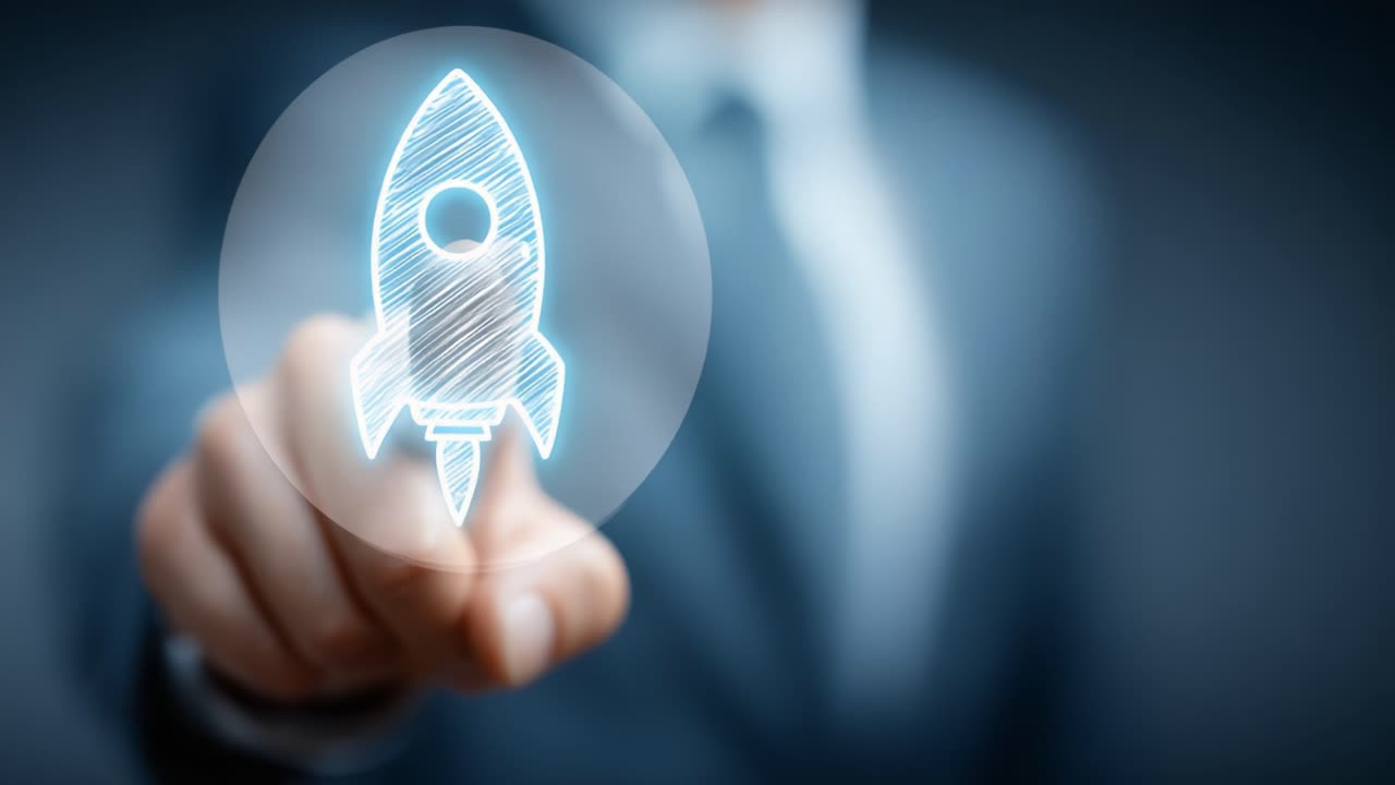 A Business Professional Interacting with a Futuristic Rocket Icon, Symbolizing Innovation, Growth, and Aspirations in Technology and Entrepreneurship