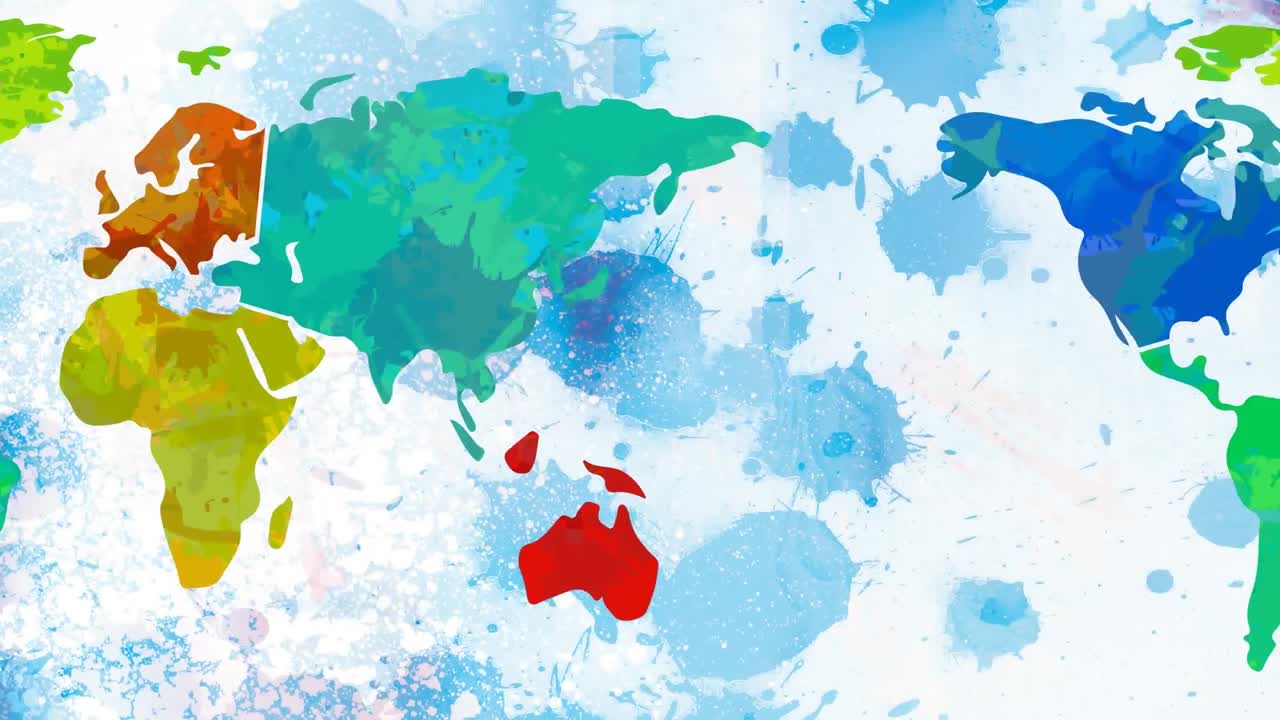 세계 지도 위 를 가리키는  ⁇  화살표 의 애니메이션