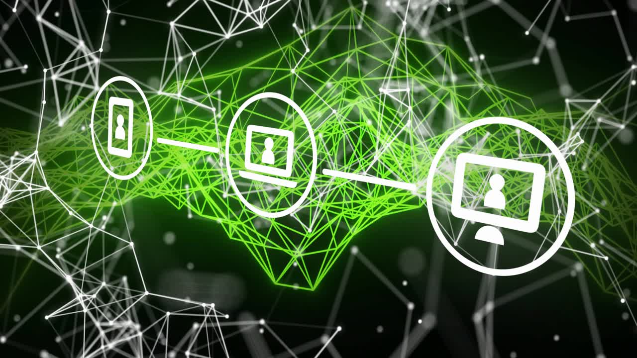 Neon green mesh pulsing causing icons linking smartphone laptop monitor for connectivity