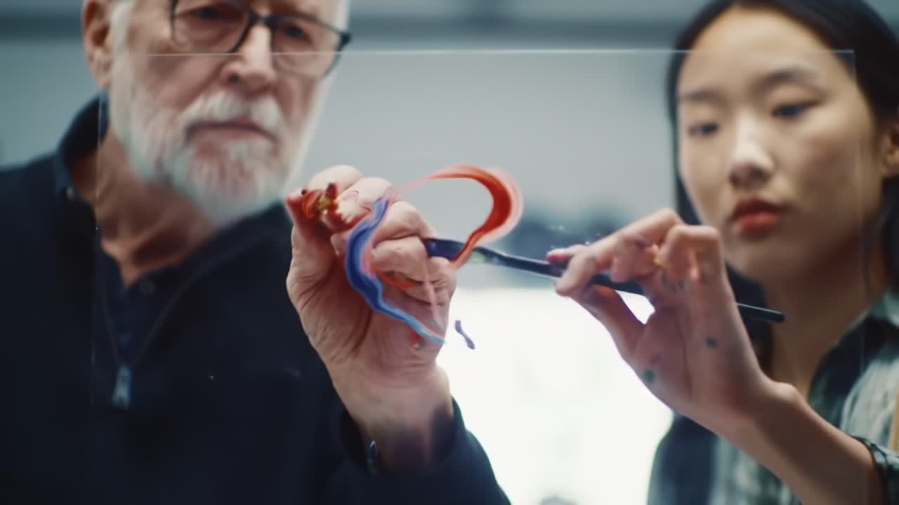 Artistic Collaboration: Exploring Creative Techniques Between Generations in a Vibrant Studio Environment with Bold Colors and Innovative Expression