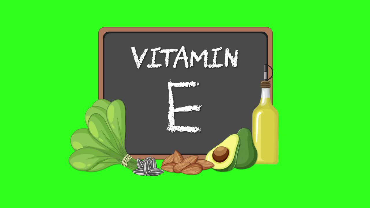 Parlak yeşil kroma zeminde, sağlıklı gıda malzemeleriyle çevrili animasyonlu E vitamini karatahtası.