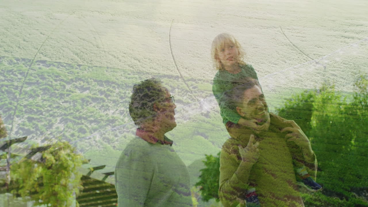 Family members exploring agriculture education, viewing floating crop yield chart and leaf icons