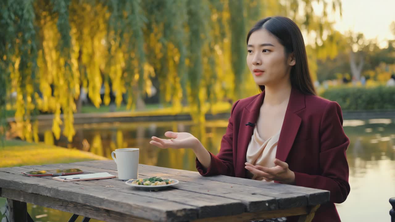Woman in a park sitting at a table