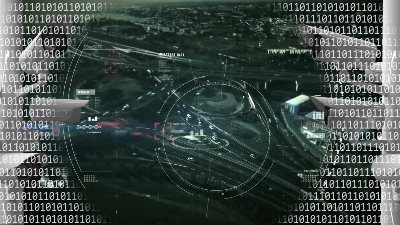 cctv 카메라의 애니메이션, 이진 코딩 및 도시 풍경에 대한 데이터 처리