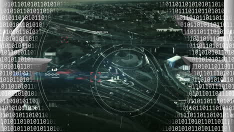 animación de cámaras de cctv, codificación binaria y procesamiento de datos en el paisaje urbano.