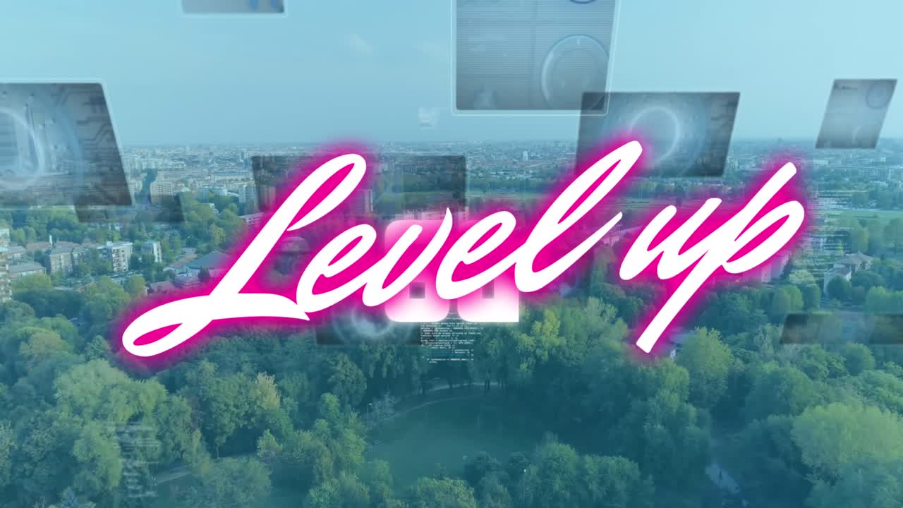 도시 풍경 위에서 텍스트 및 데이터 처리의 레벨 업 애니메이션