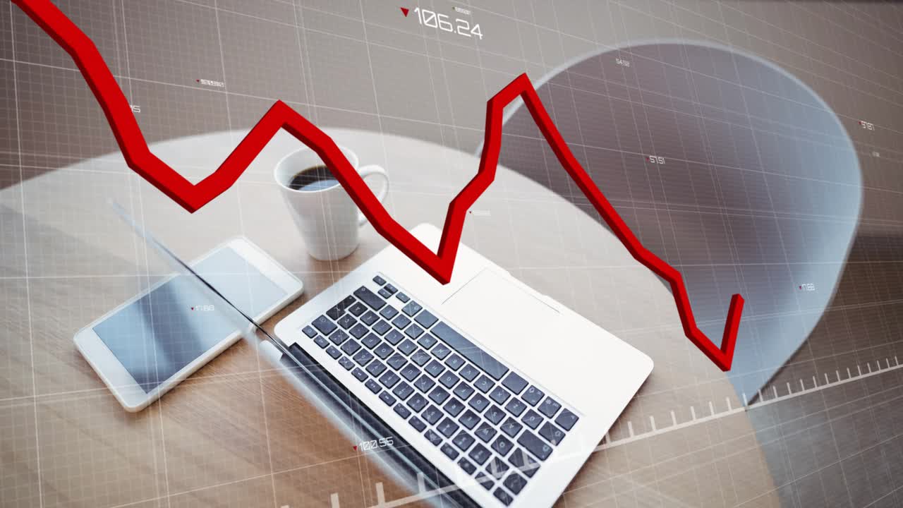 Red line chart entering from left above table with grid swaying downward showing financial decline