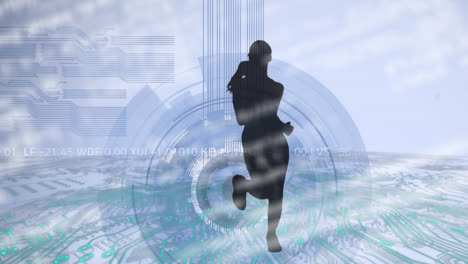 animation of silhouette of female runner over scope and circuit boards on blue background