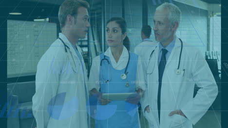 animación de gráficos financieros y datos sobre diversos médicos hablando