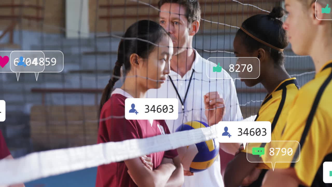 sports coach instructing teenage volleyball rivals at gym, with floating social metrics icons