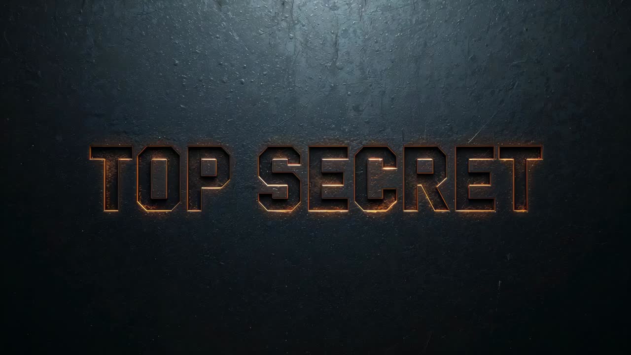 Scintillante contorno di riempimento al neon che si sposta verso sinistra sopra le lettere TOP SECRET su una parete ruvida, rivelando la frase