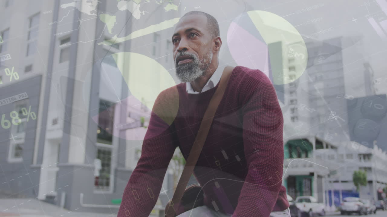 Animation of infographic interface over african american man riding bicycle on street in city