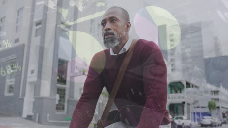 animación de la interfaz infográfica sobre un hombre afroamericano montando en bicicleta en la calle de la ciudad