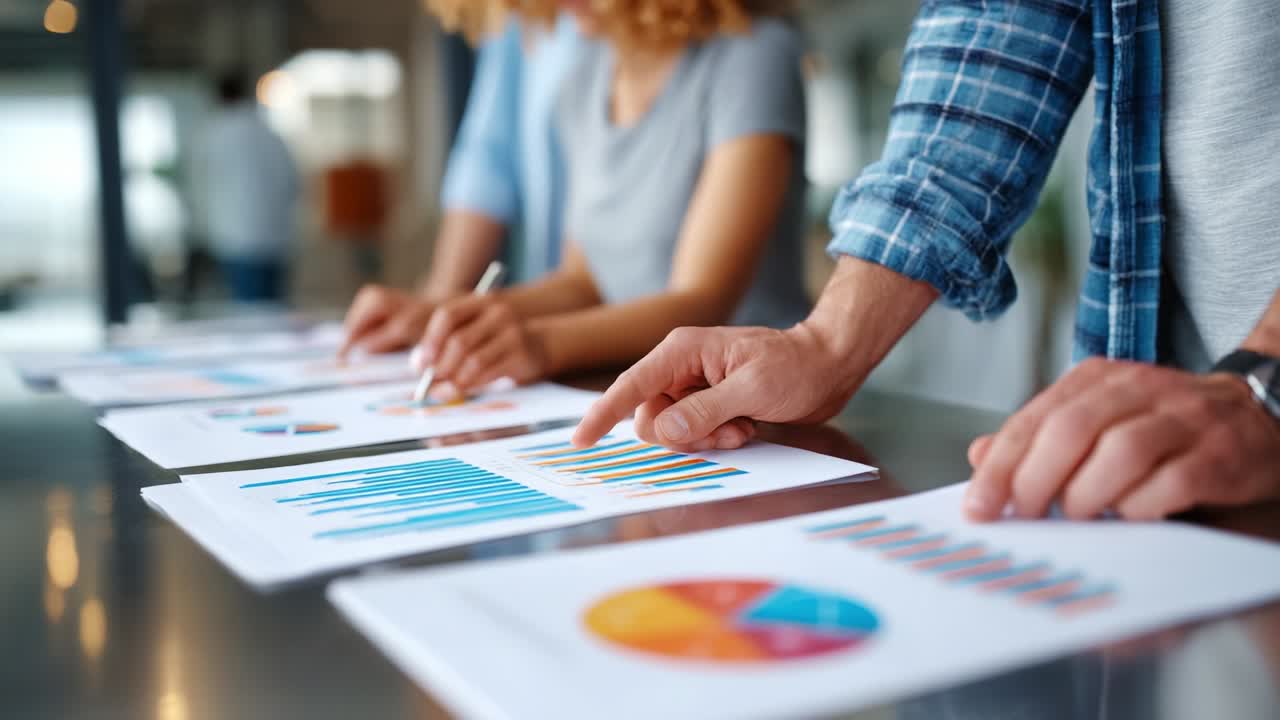 Engaged Team Discussing Visual Data Insights: Individuals Analyzing Graphs and Charts on Documents in a Modern Work Environment, Fostering Collaboration and Strategy Development