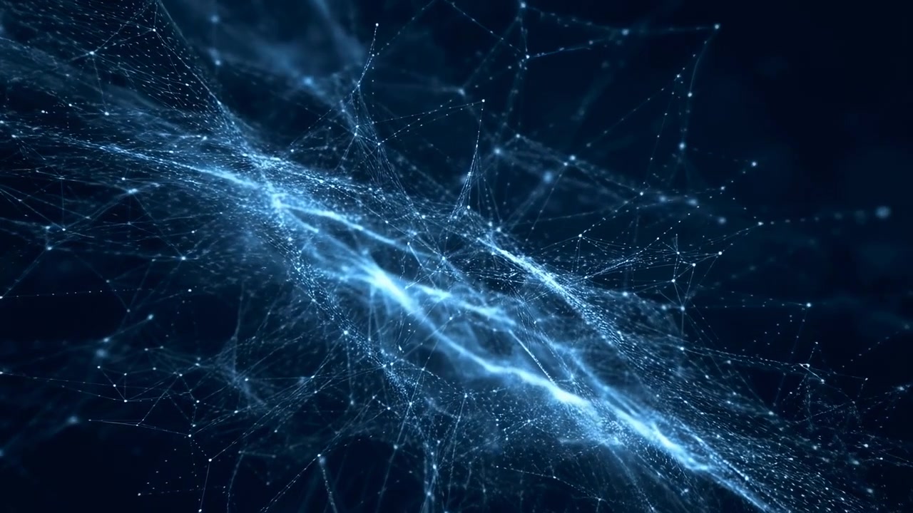 Glowing blue particles form a digital network on a dark background with a bright diagonal light streak