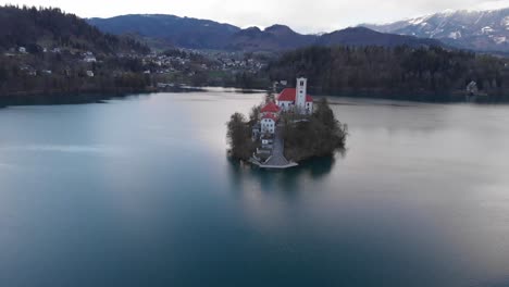 Aerial-view-of-Island-in-Bled-Lake