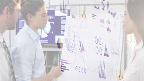 animation of financial data processing over diverse business people having meeting at office