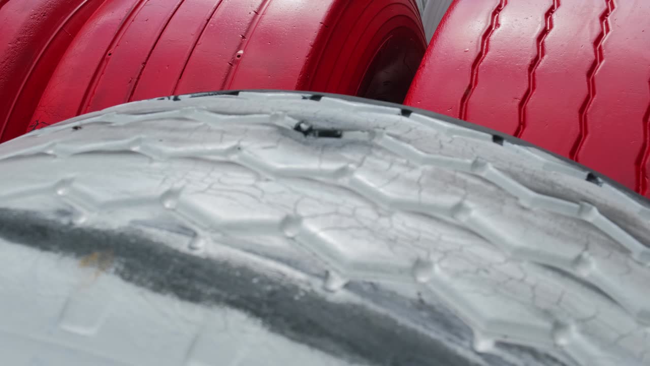 카팅 트랙 안전 장벽으로 사용되는 검은색과 색의 은 자동차 타이어