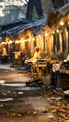 twilight market surrounded by vintage stalls and warm lights