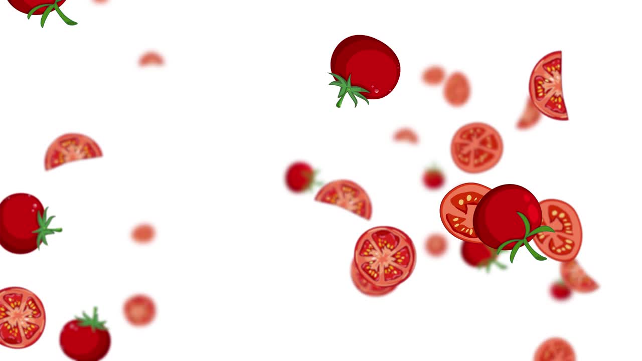 Looping animation of falling whole and sliced tomatoes with soft motion blur on white