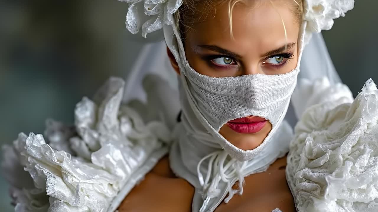 A woman in a white dress with a veil covering her face