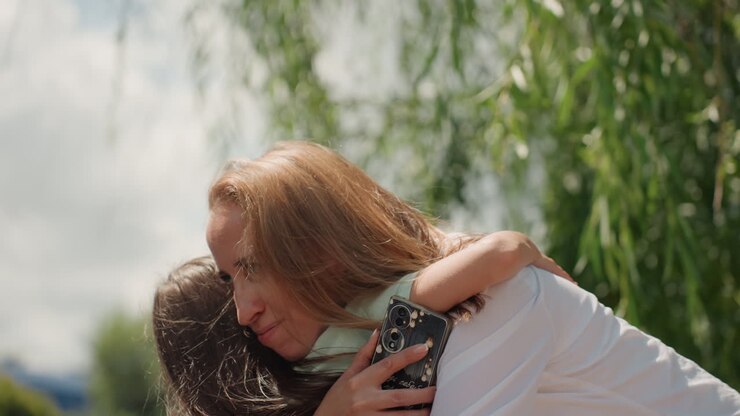 Mamma e figlia bianche si abbracciano sotto un salice piangente, goccioline d'acqua scintillanti, sole caldo, luce cinematografica soffusa, intimo ricongiungimento materno, bacio delicato, parco suburbano, autentico momento di vita.