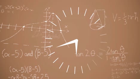 Animation-of-clock-moving-over-math-formulas-over-beige-background